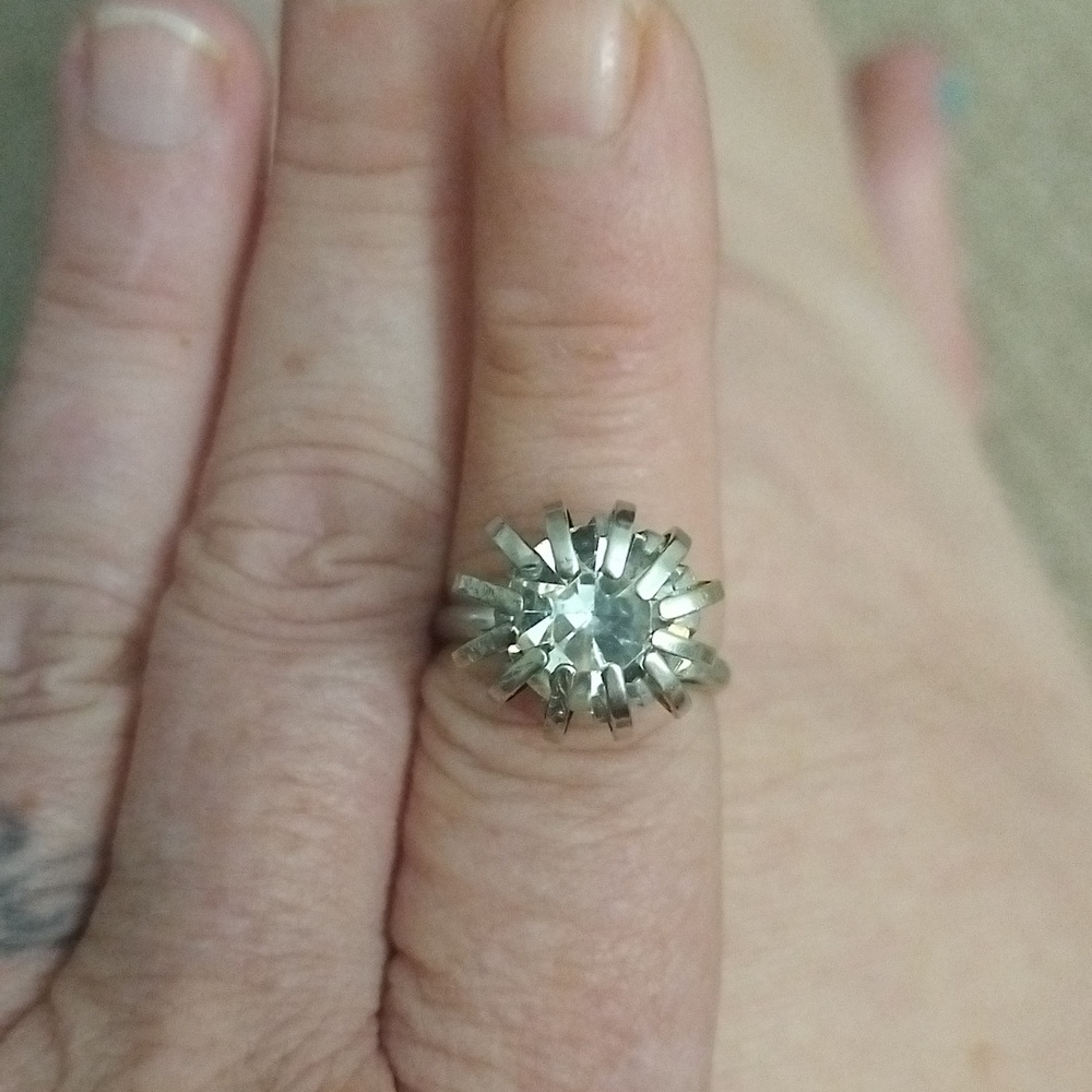 Vtg. Estate Handcrafted silver toned and crystal cocktail adjustable ring